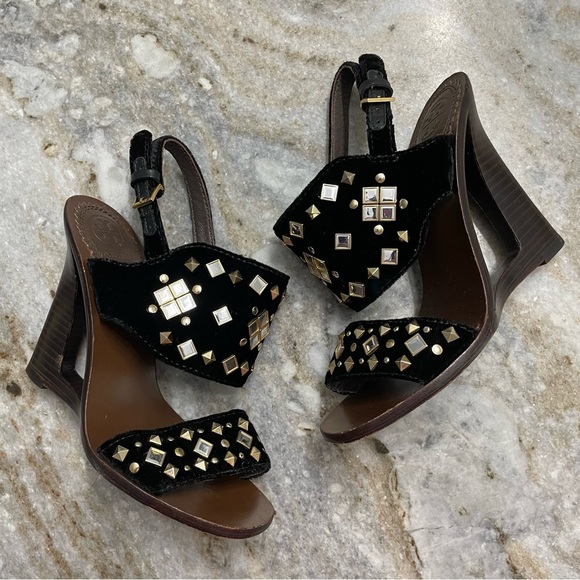 Tory Burch Kingsbridge Black Velvet Studded Wedge Sandals - Picture 3 of 14